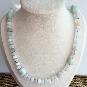 20" Silk Knotted Rainbow Moonstone, Botswana Agate, & Green Moonstone Necklace